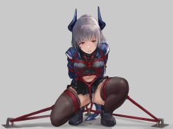 Rule 34 | 1girl, absurdres, arknights, bdsm, black footwear, black thighhighs, bondage, bound, commission, dragon girl, dragon horns, dragon tail, full body, grey background, gun, highres, horns, id card, jacket, kneeling, liskarm (arknights), navel, on one knee, orange eyes, panties, pussy juice, restrained, sawkm, second-party source, shibari, shibari over clothes, shoes, silver hair, simple background, skirt, solo, tail, thighhighs, underwear, weapon, white panties