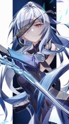 Rule 34 | 1girl, black blindfold, black gloves, blindfold, blue dress, blue sleeves, closed mouth, commentary request, detached sleeves, dress, gloves, high ponytail, highres, holding, holding sword, holding weapon, honkai: star rail, honkai (series), jingliu (honkai: star rail), karamaru626, long hair, looking at viewer, red eyes, solo, sword, unworn blindfold, upper body, weapon, white hair