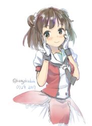 Rule 34 | 1girl, blush, brown eyes, brown hair, bubble skirt, commentary request, dated, double bun, gloves, hair bun, hands on own face, kangoku kou, kantai collection, looking to the side, naka (kancolle), naka kai ni (kancolle), one-hour drawing challenge, sailor collar, school uniform, serafuku, short hair, short sleeves, skirt, smile, solo, twitter username, white background, white gloves