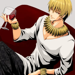 Rule 34 | 1boy, alcohol, blonde hair, bracelet, cup, drinking glass, fate/zero, fate (series), gilgamesh (fate), high contrast, jewelry, male focus, necklace, official alternate costume, red eyes, sitting, solo, wine, wine glass, yuri (freedom)