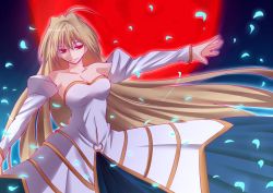 Rule 34 | 00s, 1girl, archetype earth, arcueid brunestud, bad id, bad twitter id, bare shoulders, blonde hair, breasts, cleavage, detached sleeves, dress, full moon, large breasts, long hair, melty blood, moon, night, night sky, red eyes, red moon, sky, smile, solo, strapless, strapless dress, tsukihime, urako, very long hair