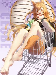 Rule 34 | 1girl, :d, absurdres, animal ears, apple, arknights, bare legs, barefoot, black jacket, ceobe (arknights), character name, commentary request, dog ears, dog tail, fang, food, fruit, highres, holding, holding food, holding fruit, jacket, long hair, long sleeves, open mouth, orange eyes, orange hair, purple background, shopping cart, sitting, siyu csy, smile, solo, tail, very long hair
