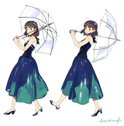 Rule 34 | 1girl, bare shoulders, blue dress, blunt bangs, blush, brown hair, dress, from side, full body, high heels, highres, looking at viewer, medium hair, multiple views, original, signature, simple background, sleeveless, sleeveless dress, smile, transparent, transparent umbrella, umbrella, umishima senbon, white background