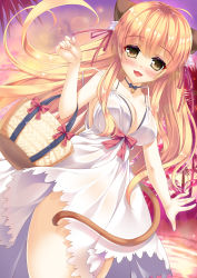 Rule 34 | 1girl, ahoge, animal ear fluff, animal ears, bag, bare arms, bare shoulders, bell, black bra, blonde hair, blush, bra, breasts, cat ears, cat girl, cat tail, choker, cleavage, clothes lift, commentary request, dress, dress lift, dusk, dutch angle, floating hair, hair between eyes, handbag, highres, large breasts, light rays, long hair, looking at viewer, moe2020, neck bell, open mouth, original, sasaki yukimasa, sleeveless, sleeveless dress, smile, solo, spaghetti strap, sundress, tail, underwear, water, white dress, yellow eyes