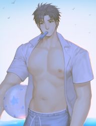 Rule 34 | 1boy, arkapami, ball, bara, bare pectorals, beachball, black hair, blue male swimwear, blue swim trunks, collared shirt, day, drawstring, earrings, food, food in mouth, highres, jewelry, large pectorals, male focus, male swimwear, muscular, muscular male, navel, nipples, open clothes, open shirt, original, outdoors, pectorals, popsicle, popsicle in mouth, shirt, short hair, sky, solo, swim trunks, swimsuit, white shirt