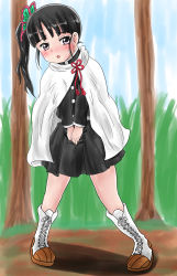 Rule 34 | 1girl, between legs, black hair, black shirt, black skirt, blue sky, blush, boots, butterfly hair ornament, cape, day, embarrassed, female focus, flat chest, full body, grass, hair ornament, hand between legs, have to pee, highres, ikezukuri, kimetsu no yaiba, knee boots, legs apart, long hair, long sleeves, looking at viewer, miniskirt, open mouth, outdoors, own hands together, pigeon-toed, pleated skirt, purple eyes, shirt, side ponytail, skirt, sky, solo, standing, textless version, tree, tsuyuri kanao, umi (pixiv 998325), v arms, white cape