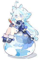 Rule 34 | 1girl, :3, ahoge, animal ear fluff, animal ears, arm support, artist name, ascot, asymmetrical gloves, black ascot, blue eyes, blue footwear, blue hair, blue jacket, blue shorts, bow, bubble, cat ears, cat girl, chibi, chibi only, ciao churu, closed mouth, cyenmi3, double-parted bangs, food, footwear bow, furina (genshin impact), garter straps, genshin impact, gloves, hair between eyes, half gloves, heterochromia, holding, holding food, jacket, long hair, long sleeves, mismatched gloves, multicolored hair, pet food, shorts, simple background, sitting, solo, streaked hair, symbol-shaped pupils, tailcoat, very long hair, white background