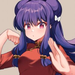 1girl artist_name bell bow breasts closed_mouth double_bun dress fighting_stance grey_background hair_bell hair_bow hair_bun hair_ornament highres jingle_bell long_hair looking_at_viewer medium_breasts pink_eyes purple_hair ranma_1/2 red_dress sasha_chii shampoo_(ranma_1/2) sidelocks simple_background solo upper_body v-shaped_eyebrows very_long_hair white_bow