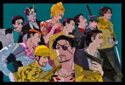 absurdres black_hair eyepatch facial_hair gloves gun handgun hard_hat helmet highres holding holding_gun holding_megaphone holding_weapon jacket leather leather_gloves looking_at_viewer majima_everywhere majima_goro male_focus mask megaphone one-eyed oni_mask ryuu_ga_gotoku_(series) ryuu_ga_gotoku_1 short_hair user_hvxm2833 weapon yakuza