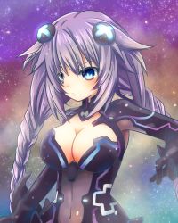 Rule 34 | 10s, 1girl, blue eyes, bodysuit, braid, breasts, cleavage, cleavage cutout, clothing cutout, expressionless, female focus, hair ornament, highres, large breasts, long hair, nabenofutahiwa, navel, neptune (neptunia), neptune (series), purple hair, purple heart (neptunia), see-through, solo, symbol-shaped pupils, twin braids, very long hair