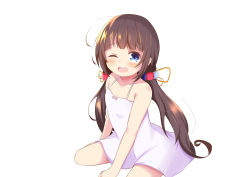 Rule 34 | 10s, 1girl, ;d, absurdres, ahoge, bare arms, bare shoulders, blue eyes, blush, brown hair, child, collarbone, commentary request, dress, highres, hinatsuru ai, liya (yosoro2016), long hair, low twintails, one eye closed, open mouth, ryuuou no oshigoto!, simple background, sitting, sleeveless, sleeveless dress, smile, solo, teeth, twintails, upper teeth only, very long hair, wariza, white background, white dress