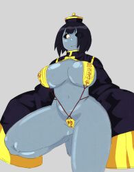 Rule 34 | 1girl, armorv1, black hair, black sclera, breasts, colored sclera, colored skin, female focus, grey skin, hair over one eye, hat, highres, jiangshi, large breasts, maebari, navel, ofuda, shiny skin, solo, standing, thick thighs, thighs, white eyes, wide hips, wide sleeves