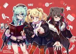Rule 34 | 5girls, :d, ;q, ^ ^, animal ears, arknights, bear ears, beret, black dress, black hair, black jacket, black sailor collar, black serafuku, black shirt, black skirt, blonde hair, blue eyes, blue hair, blue jacket, blush, book, braid, brown headwear, brown jacket, candy, candy hair ornament, candy wrapper, chibi, chibi inset, clenched teeth, closed eyes, closed mouth, commentary request, doctor (arknights), dress, feet out of frame, food-themed hair ornament, fur-trimmed jacket, fur trim, grey hair, gummy (arknights), hair ornament, hair over shoulder, hairclip, hat, highres, holding, holding book, istina (arknights), jacket, jitome, leto (arknights), lollipop hair ornament, long sleeves, looking at viewer, multicolored hair, multiple girls, neckerchief, nose blush, one eye closed, open book, open clothes, open jacket, open mouth, pantyhose, pink hair, pleated skirt, pointing, pointing at viewer, puffy long sleeves, puffy sleeves, red background, red eyes, red hair, red pantyhose, rosa (arknights), russian text, sailor collar, sailor dress, school uniform, serafuku, shirt, single braid, skirt, sleepyowl (jobkung15), smile, standing, streaked hair, teeth, tongue, tongue out, twintails, v-shaped eyebrows, white dress, white jacket, white neckerchief, white sailor collar, white shirt, wrapped candy, zima (arknights)
