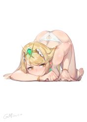 Rule 34 | 1girl, absurdres, ass, ass cutout, blonde hair, blush, breasts, butt crack, cleavage cutout, clothing cutout, gorgeous mushroom, headpiece, heart cutout, highres, large breasts, looking at viewer, meme attire, mythra (xenoblade), nintendo, panties, side-tie panties, solo, swept bangs, tiara, underwear, underwear only, xenoblade chronicles (series), xenoblade chronicles 2, yellow eyes