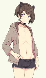 Rule 34 | 1boy, androgynous, animal ears, brown hair, bulge, collar, earrings, fake animal ears, highres, jacket, jewelry, male focus, navel, nipples, open clothes, open shirt, original, pas (paxiti), purple eyes, shirt, short hair, shorts, solo, underwear