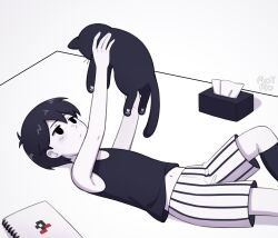 Rule 34 | 1boy, absurdres, animal, aoiro arts, black eyes, black hair, black tank top, cat, closed mouth, colored skin, commission, expressionless, highres, holding, holding animal, lying, mewo, navel, omori, omori (omori), on back, short hair, shorts, solo, striped clothes, striped shorts, tank top, tissue, tissue box, vertical-striped clothes, vertical-striped shorts, white skin