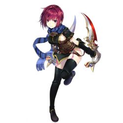 Rule 34 | 1girl, amagai tarou, black thighhighs, blue scarf, breasts, copyright request, detached sleeves, dual wielding, full body, holding, holding sword, holding weapon, leaning forward, looking at viewer, medium breasts, nel zelpher, official art, purple eyes, red hair, scarf, short hair, short sleeves, side ponytail, simple background, solo, star ocean, star ocean till the end of time, striped clothes, striped scarf, sword, thighhighs, weapon, white background