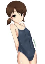 Rule 34 | 10s, 1girl, brown eyes, brown hair, competition school swimsuit, hassen (8cm), kantai collection, low twintails, one-piece swimsuit, school swimsuit, shirayuki (kancolle), short hair, simple background, solo, standing, swimsuit, twintails