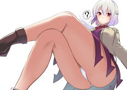 Rule 34 | 1girl, ?, amisu, angel wings, beige jacket, blush, boots, bow, bowtie, braid, breasts, brown footwear, collared dress, commentary request, crossed legs, dress, eyelashes, feathered wings, french braid, from below, gluteal fold, hair between eyes, highres, invisible chair, kishin sagume, kneepits, large breasts, light smile, looking at viewer, looking down, panties, pantyshot, purple dress, red bow, red bowtie, red eyes, short hair, silver hair, simple background, single wing, sitting, smile, solo, thick thighs, thighs, touhou, underwear, white background, white panties, wing collar, wings