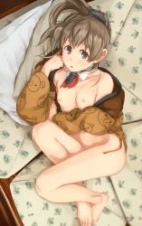 Rule 34 | 1girl, :o, barefoot, bottomless, breasts, brown hair, brown jacket, choker, commentary request, couch, dutch angle, grey eyes, jacket, kantai collection, kumano (kancolle), long sleeves, looking at viewer, lying, makio (makiomeigenbot), naked jacket, nipples, on side, pillow, ponytail, small breasts, solo