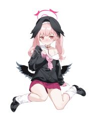 Rule 34 | 1girl, absurdres, beret, black footwear, black shirt, blue archive, blush, closed mouth, halo, hat, head wings, highres, kirschma, koharu (blue archive), loafers, long hair, looking at viewer, loose socks, low wings, miniskirt, neckerchief, nose blush, off shoulder, pink hair, pink neckerchief, red skirt, shirt, shoes, simple background, single bare shoulder, sitting, skirt, socks, solo, twintails, wariza, white background, white socks, wings