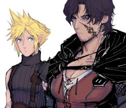 Rule 34 | 2boys, armor, black cape, black hair, black sweater, blonde hair, blue eyes, cape, clive rosfield, closed mouth, cloud strife, collarbone, ear piercing, facial hair, facial tattoo, final fantasy, final fantasy vii, final fantasy xvi, highres, male focus, multiple boys, pauldrons, pectoral cleavage, pectorals, piercing, red shirt, shirt, short hair, shoulder armor, simple background, single pauldron, sketch, slackertherubycat, sleeveless, sleeveless turtleneck, spiked hair, suspenders, sweater, tattoo, turtleneck, upper body, white background