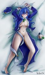 Rule 34 | 1girl, absurdres, arms up, ass, barefoot, blue eyes, blue hair, blush, breasts, clobbopus, dakimakura (medium), dakimakura (medium), eyes visible through hair, facing viewer, fairy tail, flatpancakesjim, full body, gen 8 pokemon, hair between eyes, highres, huge ass, jacket, juvia lockser, large breasts, long hair, looking at viewer, lying, nail polish, on back, open clothes, open jacket, ribbon, smile, solo, stuffed toy