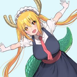 Rule 34 | 1girl, :d, black dress, blue background, blush, breasts, collared shirt, commentary request, cowboy shot, dragon girl, dragon horns, dragon tail, dress, elbow gloves, gloves, green tail, highres, horns, kobayashi-san chi no maidragon, large breasts, long hair, looking at viewer, maid, maid headdress, necktie, nishikino kee, open mouth, orange eyes, orange hair, outstretched arms, pinafore dress, puffy short sleeves, puffy sleeves, red necktie, red sash, sash, scales, shirt, short sleeves, simple background, sleeveless, sleeveless dress, smile, solo, standing, tail, tohru (maidragon), twintails, very long hair, white gloves, white shirt