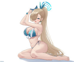 Rule 34 | 1girl, asuna (blue archive), barefoot, bikini, blonde hair, blue archive, blue bikini, blue eyes, bow, bow earrings, breasts, butterfly hair ornament, commentary request, earrings, elsynien, feet, full body, hair ornament, hair over one eye, halo, high ponytail, highres, jewelry, large breasts, legs, navel, open mouth, ponytail, scrunchie, simple background, sitting, stomach, strap gap, swimsuit, thighs, toes, white background, wrist scrunchie, yokozuwari