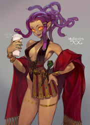 Rule 34 | 1girl, animal, bare shoulders, brace, bracelet, breasts, collarbone, commentary, cup, dark-skinned female, dark skin, disposable cup, english commentary, english text, facial mark, fang, fingernails, greek text, grey background, hand on own hip, highres, holding, holding cup, jewelry, leg tattoo, looking at viewer, medium breasts, morry, nail polish, open mouth, original, pointy ears, purple hair, purple lips, purple nails, sharp fingernails, simple background, sleeveless, slit pupils, smile, snake, snake hair, solo, solokov (okb-999), starbucks, symbol-only commentary, tassel, tattoo, thighlet