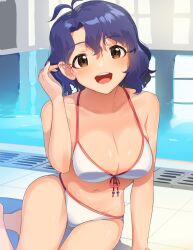 Rule 34 | 1girl, :d, bare shoulders, bikini, breasts, brown eyes, cleavage, collarbone, commentary request, front-tie bikini top, front-tie top, idolmaster, idolmaster million live!, idolmaster million live! theater days, kamille (vcx68), large breasts, looking at viewer, open mouth, pool, poolside, purple hair, short hair, smile, solo, swimsuit, toyokawa fuka, white bikini