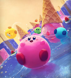 Rule 34 | absurdres, blush, food, fruit, highres, ice, ice cream, ice cream cone, kirby, kirby&#039;s dream buffet, kirby (series), nintendo, open mouth, outdoors, smile, strawberry, suyasuyabi, waddle dee