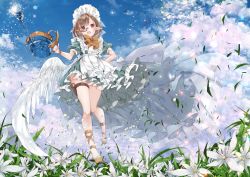 Rule 34 | 1girl, apron, belt, belt buckle, blue sky, brown belt, brown footwear, brown hair, buckle, cloud, cloudy sky, commentary request, day, dress, feathered wings, field, flower, flower field, green dress, holding, holding watering can, leg belt, long hair, maid, maid headdress, navel, open mouth, original, outdoors, pointy ears, puffy short sleeves, puffy sleeves, red eyes, round teeth, scissors, see-through, shoes, short sleeves, sky, solo, teeth, umino mizu, upper teeth only, waist apron, watering can, white apron, white flower, white wings, wings