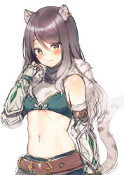 Rule 34 | 1girl, animal ear fluff, animal ears, bare shoulders, black hair, blush, brown eyes, closed mouth, ear piercing, fingerless gloves, gloves, gradient hair, grey gloves, grey hair, hair between eyes, hand up, long hair, midorikawa you, midriff, multicolored hair, navel, piercing, princess connect!, shiori (princess connect!), simple background, smile, solo, striped tail, tail, tail raised, tiger ears, tiger girl, tiger tail, vambraces, white background
