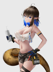 Rule 34 | 1girl, ahoge, arknights, armband, black gloves, black shorts, blue eyes, blue hair, breasts, brown hair, cleavage, colored inner hair, commentary request, cowboy shot, eunectes (arknights), eunectes (forgemaster) (arknights), gloves, hair between eyes, hand on own hip, highres, holding, id card, large breasts, lcx123, midriff, multicolored hair, navel, official alternate costume, pointy ears, shirt, short hair, shorts, simple background, snake tail, solo, tail, tank top, thighs, torn clothes, torn shirt, two-tone hair, white background, white tank top