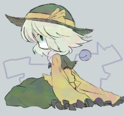Rule 34 | 1girl, blue eyes, child, closed mouth, expressionless, female focus, flat chest, frilled shirt, frilled sleeves, frills, from side, full body, green hair, green hat, green skirt, grey background, hat, hat ribbon, komeiji koishi, long sleeves, lotosu, medium hair, profile, ribbon, shaded face, shirt, sidelocks, sideways mouth, simple background, sitting, skirt, sleeves past fingers, sleeves past wrists, solo, third eye, touhou, wide sleeves, yellow ribbon, yellow shirt