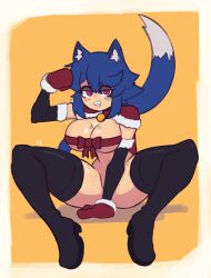 Rule 34 | 1girl, absurdres, animal ear fluff, animal ears, bell, black footwear, blue hair, body freckles, boots, bottomless, bow, breasts, capelet, cat ears, cat girl, cat tail, cleavage, detached sleeves, doce, female focus, freckles, full body, fur-trimmed capelet, fur-trimmed gloves, fur-trimmed sleeves, fur trim, gloves, grin, hair between eyes, half-closed eyes, highres, jingle bell, large breasts, looking at viewer, original, purple eyes, red ribbon, ribbon, ribbon bra, santa gloves, sharp teeth, short hair, sitting, smile, solo, spread legs, tail, teeth, thigh boots, xiao (docecaedrus), yellow background