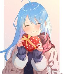 Rule 34 | 1girl, ahoge, azur lane, beige coat, blue hair, box, coat, closed eyes, gift, gift box, heart-shaped box, helena (azur lane), highres, holding, holding gift, long hair, open clothes, open coat, plaid, plaid scarf, purple sweater, red scarf, scarf, simple background, smile, solo, sweater, teeth, vayneeeee