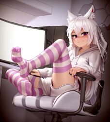 Rule 34 | 1girl, absurdres, blush, character request, copyright request, feet, highres, hood, hoodie, kairunoburogu, legs, long hair, looking at viewer, purple eyes, sitting, smile, soles, solo, striped clothes, striped thighhighs, thighhighs, toes, white hair, white hoodie