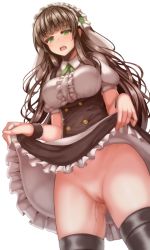 Rule 34 | alternate costume, animal ears, apron, bad id, bad pixiv id, black thighhighs, blunt bangs, bolo tie, breasts, brown hair, censored, cleft of venus, clothes lift, collared shirt, commentary request, cowboy shot, dutch angle, fake animal ears, fleur de lapin uniform, floppy ears, frilled cuffs, frilled shirt, frilled skirt, frills, from below, gochuumon wa usagi desu ka?, green eyes, groin, kon futoshi, large breasts, lifting own clothes, long hair, looking at viewer, maid headdress, mosaic censoring, no panties, open mouth, puffy short sleeves, puffy sleeves, pussy, pussy juice, shirt, short sleeves, simple background, skirt, skirt lift, solo, thighhighs, ujimatsu chiya, underbust, upskirt, waist apron, white apron, white background, white shirt, wing collar, wrist cuffs