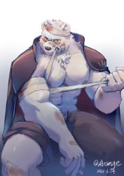 Rule 34 | 1boy, abs, absurdres, alternate pectoral size, animal ears, arange (youhei79384157), bandaged head, bandages, bandaid, bandaid on face, bandaid on nose, bara, bare pectorals, bear boy, bear ears, biceps, brown pants, feet out of frame, furry, furry male, highres, injury, jacket, jacket on shoulders, large pectorals, male focus, male underwear, male underwear peek, muscular, muscular male, navel, navel hair, nipples, odd taxi, open fly, pants, pants rolled up, pectoral squeeze, pectorals, sekiguchi (odd taxi), short hair, solo, stomach, sunglasses, thick thighs, thighs, underwear, white fur, white male underwear
