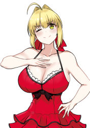 Rule 34 | 1girl, ahoge, bare shoulders, bikini, blonde hair, blush, breasts, cleavage, collarbone, fate/extra, fate/grand order, fate (series), green eyes, hair intakes, highres, large breasts, long hair, nero claudius (fate), nero claudius (fate) (all), nero claudius (fate/extra), nero claudius (swimsuit caster) (fate), simple background, smile, solo, swimsuit, upper body, white background, zatsu