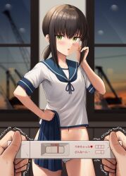 Rule 34 | 1girl, black hair, blue ribbon, blue sailor collar, blurry, blurry background, blush, breasts, commentary, cowboy shot, dusk, fubuki (kancolle), gluteal fold, green eyes, highres, holding, holding clothes, holding skirt, ichikawa feesu, indoors, kantai collection, looking at viewer, navel, no pants, panties, parted lips, pov, pov hands, pregnancy test, raised eyebrows, ribbon, sailor collar, shirt, short sleeves, skirt, unworn skirt, small breasts, solo focus, thighs, trembling, underwear, white shirt, window