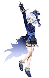 Rule 34 | 1girl, :d, absurdres, ahoge, arm up, ascot, bare legs, black footwear, black gloves, black shorts, blue ascot, blue bow, blue eyes, blue hair, blue hat, blue jacket, bow, brooch, commentary request, footwear bow, full body, furina (genshin impact), genshin impact, gloves, hat, highres, index finger raised, jacket, jewelry, long sleeves, looking at viewer, open mouth, shoes, short hair, short shorts, shorts, smile, solo, standing, thigh strap, top hat, yodomari komari