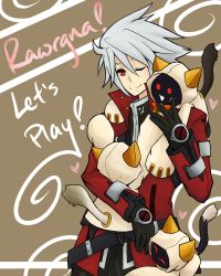 Rule 34 | animal ears, arc system works, blazblue, cat ears, cat tail, english text, heart, himichu, hood, hoodie, kaka kittens, ragna the bloodedge, red eyes, silver hair, tail