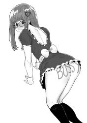 Rule 34 | 1girl, @ @, all fours, alternate costume, apron, ass, back, bare back, blunt bangs, blush, body writing, breasts, commentary, commission, dakota (dkooters), english commentary, enmaided, full-face blush, glasses, greyscale, hair ornament, hairclip, highres, kneehighs, kneepits, long hair, looking at viewer, looking back, maid, monochrome, no bra, no panties, norman maggot, original, prostration, simple background, small breasts, socks, solo, waist apron, white background, wrist cuffs