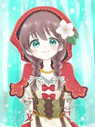 Rule 34 | 1girl, animal hood, apron, aqua eyes, arms behind back, artist name, artist request, black corset, blue eyes, blush, bow, braid, breasts, brown hair, capelet, cleavage, close-up, collarbone, corset, cross-laced clothes, cross-laced dress, detached sleeves, dress, dress bow, emma verde, female focus, flower, flower print, freckles, gem, hair between eyes, hair bow, hair tie, highres, hood, hood up, hoodie, innocent little red riding hood (love live!), jewelry, long hair, looking at viewer, love live!, love live! nijigasaki high school idol club, love live! school idol festival, love live! school idol festival all stars, medium breasts, miniskirt, necklace, parted lips, pearl (gemstone), pearl necklace, plaid, plaid dress, plaid skirt, pleated, pleated dress, pleated skirt, puffy short sleeves, puffy sleeves, red bow, red capelet, red dress, red hair, red hood, little red riding hood (grimm), red skirt, short sleeves, skirt, smile, solo, striped, twin braids, twintails, white apron, white bow, white dress, white flower