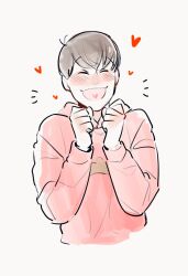 Rule 34 | 1boy, black hair, bowl cut, clenched hands, closed eyes, happy, heart, heart in mouth, highres, hood, hoodie, male focus, maririnbo, matsu symbol, matsuno osomatsu, open mouth, osomatsu-san, osomatsu (series), red hoodie, smile, solo, white background