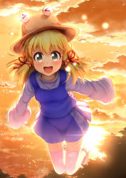 Rule 34 | &gt; &lt;, 1girl, :d, backlighting, blonde hair, blue skirt, blue vest, closed eyes, cloud, cross-laced clothes, eyebrows, full body, green eyes, hair ornament, hair ribbon, hat, highres, jumping, lens flare, light particles, long sleeves, looking at viewer, miniskirt, moriya suwako, open mouth, orange sky, outdoors, red ribbon, ribbon, shirt, shoes, sidelocks, sinzen, skirt, skirt set, sky, smile, solo, sun, thighhighs, touhou, tree, tress ribbon, turtleneck, vest, white footwear, white shirt, white thighhighs, wide sleeves, yellow eyes