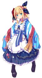 Rule 34 | 1girl, alternate costume, alternate hair length, alternate hairstyle, apron, baram, black footwear, blonde hair, blue bow, blue kimono, blue skirt, blunt bangs, blush, boots, bow, checkered ribbon, closed mouth, cross-laced footwear, floral print, flower, frilled apron, frilled skirt, frills, full body, green eyes, hair bow, hair flower, hair ornament, hair ribbon, highres, japanese clothes, kimono, lace-up boots, long sleeves, looking at viewer, maid, maid apron, mononobe alice, mononobe alice (new year), nijisanji, one side up, pleated skirt, print kimono, red bow, red flower, ribbon, simple background, skirt, sleeves past wrists, smile, solo, standing, striped bow, striped clothes, striped skirt, vertical-striped clothes, vertical-striped skirt, virtual youtuber, wa maid, white apron, white background, wide sleeves